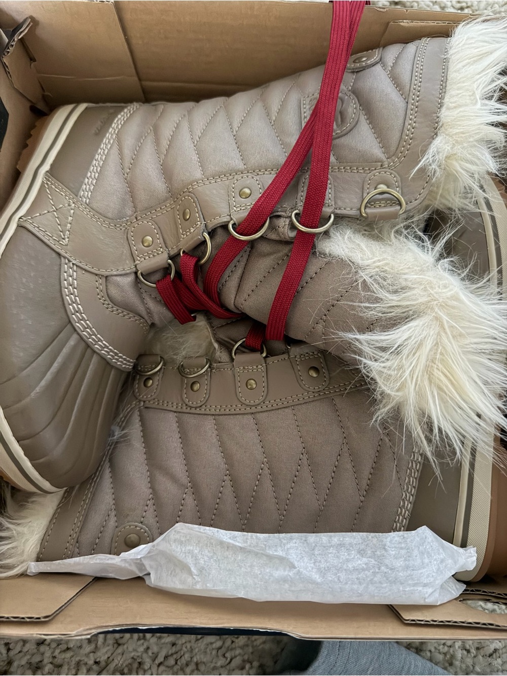 Sorel Kids Taupe Winter Boots with Red Laces